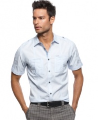 Control the room with the casual cool of this short-sleeved woven shirt from Marc Ecko Cut & Sew.