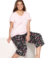 An adorable print puts the cherry on top of this cozy pajama set featuring a soft cotton top and capri-length pants.