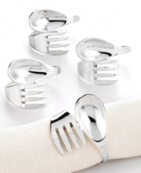 Flatware, with a twist! Excell takes inspiration from other place setting essentials, molding forks and spoons into playful napkin rings. A silver finish dresses up sturdy brass.