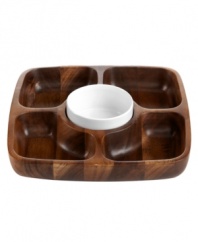 Wood works. Beautifully crafted in rich acacia wood and white ceramic, this 5-section serving tray brings a casual, organic feel to any setting. An entertaining staple, from The Cellar.