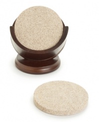 Smart casual. Solid sandstone drink coasters have a speckled sandy hue and drink in moisture to keep tables in top condition. Keep a set of four organized in the accompanying walnut wood holder.