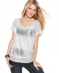 INC puts a shimmery spin on a petite tee-shirt silhouette, glamming it up with shiny sequins and sheer details.