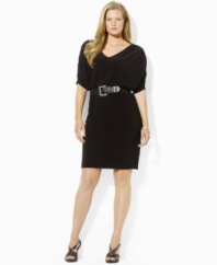 Designed for a flowing silhouette from figure-flattering stretch matte jersey, this plus size Lauren by Ralph Lauren dress features slimming ruched dolman sleeves, a V-neckline and a versatile braided leather belt for a stylish silhouette.