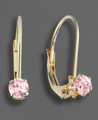Little girls love to be pretty in pink. These leverback earrings feature round-cut pink cubic zirconia accents set in 14k yellow gold.
