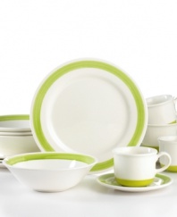Made in the shade. Bands of lime green contrast contemporary white dinnerware that, in dishwasher-safe earthenware, is easy to mix, match and enjoy every day. From Corona.