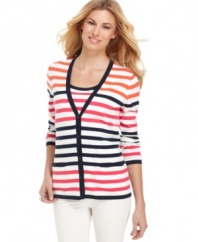 A striped V-neck cardigan is a classic spring staple, from Jones New York Signature. Pair it with the matching tank top and make a twinset!