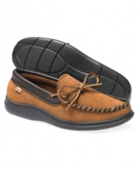 Spend your downtime in style when you slip into this pair of men's house shoes. These comfortable suede slippers for men offer all the comfort and warmth you need to kick back and relax.