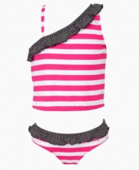 With complementary patterns, this sassy striped-and-spotted suit from Pink Platinum will be her favorite summer piece.