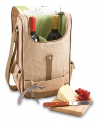Picnic Time takes BYO to the next level with the Volare wine tote. A divided interior fits two bottles while pockets on the outside hold essential wine and cheese accessories. In two hues featuring pretty floral or stripe detail under the flap and extra space for tasty snacks.