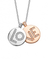 Give the gift of love. CRISLU's thoughtful and inspiring pendant features two circular charms decorated with the word LOVE in round-cut cubic zirconias (3/4 ct. t.w.). Pendants crafted in sterling silver and 18k gold over sterling silver. Approximate length: 16 inches + 2-inch extender. Approximate drop: 3/4 inch.