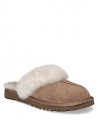 UGG® Australia cozy slippers. Upper is made of suede, lined with sheepskin. Classic EVA lightweight outsole . Insole is genuine sheepskin to naturally wick away moisture and keep feet dry. Mule slippers for cozy comfort while staying inside.