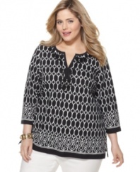 Look gorgeous on a budget with Charter Club's three-quarter sleeve plus size top, finished by a stylish geometric print-- it's an Everyday Value!