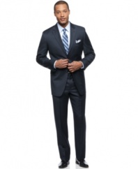 Timeless sophistication and formal style go hand in hand with this navy pindot suit from Jones New York.