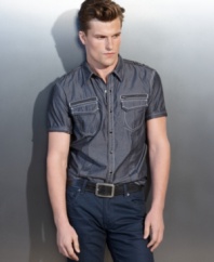 A welcomed addition to your business casual attire, this chambray shirt from INC is versatile and stylish.
