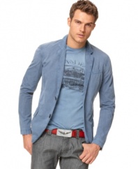 Weekend update. With a casual finish, this Armani Jeans blazer is the perfect topper for a cool graphic T shirt.