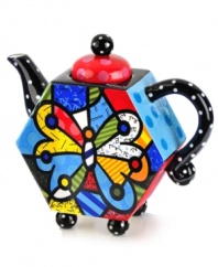 Set tea time aflutter. With a hexagonal shape and the vivid colors and bold patterns of pop artist Romero Britto, the Butterfly teapot serves turns heads at the contemporary table.