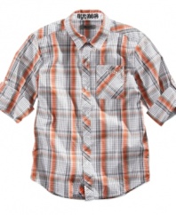 On a roll. Keep him steadily stylish with this plaid DKNY shirt with rollable sleeves.