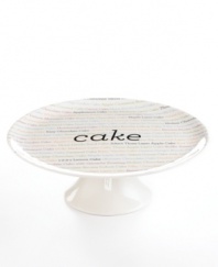 Get the right idea. Sweet and inspired, the Dish of the Day cake stand features sturdy porcelain printed with dozens of delicious confections, like yummy chocolate and carrot cake. A guaranteed crowd pleaser from Martha Stewart Collection. (Clearance)