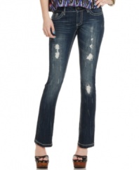 Rip and stitch distressing plus the perfect fade create a beautiful disaster on these bootcut jeans from Dollhouse!