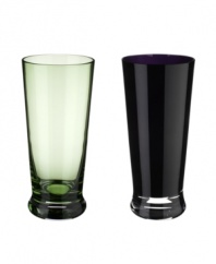 Tall and slender, these sleek glasses feature black and green hues for a festive touch. The modern shape and simple design make this stemware collection ideal for any gathering.