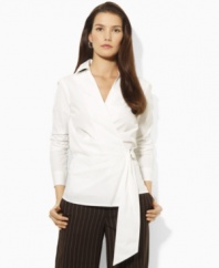 Lauren by Ralph Lauren's sophisticated wrap blouse is crafted in crisp cotton poplin and finished with chic gathering for a feminine silhouette.
