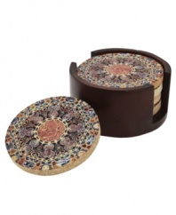 With a colorful medallion design in solid sandstone, Thirstystone coasters provide artful accents and protection for coffee and kitchen tables. The dark walnut-colored holder corrals this set of four.