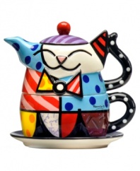 Heads and tails above the average tea set, this cat-themed design is stacked with the vivid colors and bold patterns of renowned pop artist Romero Britto.