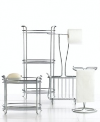 Store soap, lotion and cologne on this 2-tier shelf to keep the sink vanity or bathroom cabinets tidy. In chrome or bronze to complement your decor. Non-skid feet.
