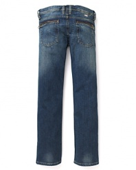These distressed Diesel jeans with unique back zip pockets are a stylish go-to for your little guy this season.