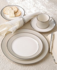 Radiant, matte silver bands are illuminated by platinum framing and add luster and elegance to any meal. The Solstice place settings collection is dazzling when used as a set but also mixes well with a variety of other dinnerware. 5-piece place setting includes 1 dinner plate, 1 salad plate, 1 bread and butter plate, 1 teacup and 1 saucer.