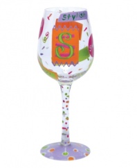 Confetti, streamers and words starting with your initial of choice make Lolita's hand-painted Love My Letter S wine glass a must for Sam, Sarah and Stephanie. With a signature drink recipe on its base.