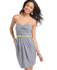 BCX gives classic pinstripes a chic reinvention with this belted sweetheart dress that's totally fresh! Pair it with sleek accessories for a look that transitions from day to night!
