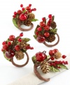 Make plain linens holiday-ready with Dinner At 8 napkin rings. Branches of sparkle leaves and berries with glossy pomegranates and pine cones are the ultimate garnish for Christmas-time meals. (Clearance)