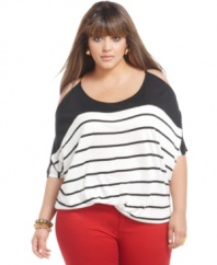 Flaunt a hint of skin with Baby Phat's cold-shoulder plus size top, accented by stripes and chains-- it's so on-trend!