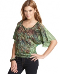 Mixed prints and flirty shoulder cutouts mean a top that's casual AND cool. By Fresh Brewed.