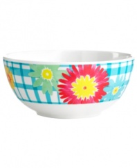 Garden party. A must for summer, melamine cereal bowls by Martha Stewart Collection are easy to transport and prettily patterned in flowery blue gingham for festive al fresco entertaining.