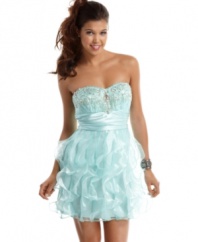 Grace your next fete with Hollywood starlet style in this rhinestone and organza-ruffled party dress from B Darlin!
