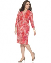 A sassy snakeskin print enlivens Jones New York Collection's three-quarter sleeve plus size dress, defined by a flattering faux wrap design.