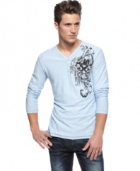 Change up your casual shirt style with this slub weave henley with hip chest graphic from INC.
