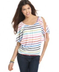 Can't decide on a color today? Get them all in this one Pretty Rebellious top. A rainbow stripe is an adorable addition to this split-sleeve look.