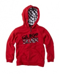 He'll sport this sweatshirt from Quiksilver in style with it's bold color and lined hood.
