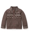 Your little one will be ready to hit the junior ski lodge in this intarsia knit cardigan from Pearls & Popcorn.