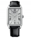 Boxy and masculine, this Hugo Boss watch offers both timeless style and quality. Black croc-embossed leather strap. Silvertone stainless steel square case and square silvertone dial with logo, date window and roman numeral indices. Quartz movement. Water resistant to 30 meters. Two-year limited warranty.