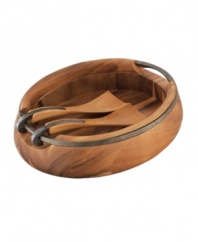 Make salad a centerpiece with individual Anvil salad bowls from Nambe's collection of serveware and serving dishes. Iron-finished alloy serves as handles and hook for coordinating servers made of handsome acacia wood. Designed by Neil Cohen.