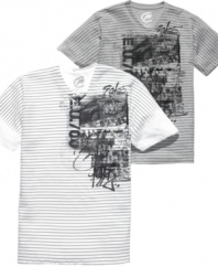 With a combo striped and graphic pattern, Ecko Unltd takes an ordinary V-neck tee from standard to standout.