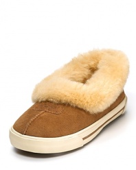 Wear these sporty slippers with a sneaker-like bottom indoors or outdoors! With genuine shearling cuffs for a cozy touch.