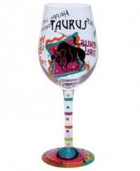Stars align in the Taurus wine glass. A hand-painted design as unique as your sign illustrates your personality--patient, affectionate, financially savvy--in bright, fun hues and sparkling rhinestones. With a special drink recipe on its base.
