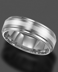 Crafted in tungsten carbide with a horizontal sterling silver inlay, this ring by Triton wears well from work to weekend. Slightly rounded on the inside for a comfortable fit, band measures 7 millimeters wide. Sizes 8-15.