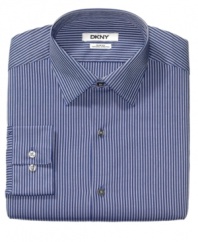 In an always-crisp navy stripe, this dress shirt from DKNY is the right way to enliven your suit.