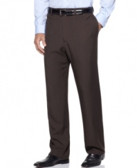You won't believe the hand on these pants! Crafted from recycled plastic bottles and transformed into super smooth and lightweight fabric, these sophisticated flat front pants help you been kind to Mother Nature and even nicer to your workweek wardrobe. Accented with subtle heathered details and an unfinished hem, there's absolutely nothing you won't love about these Haggar dress pants.